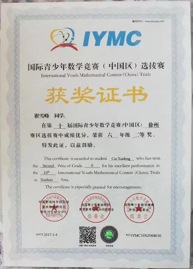 第十届国际青少年数学竞赛徐州赛区选拔赛市二等奖 证书
