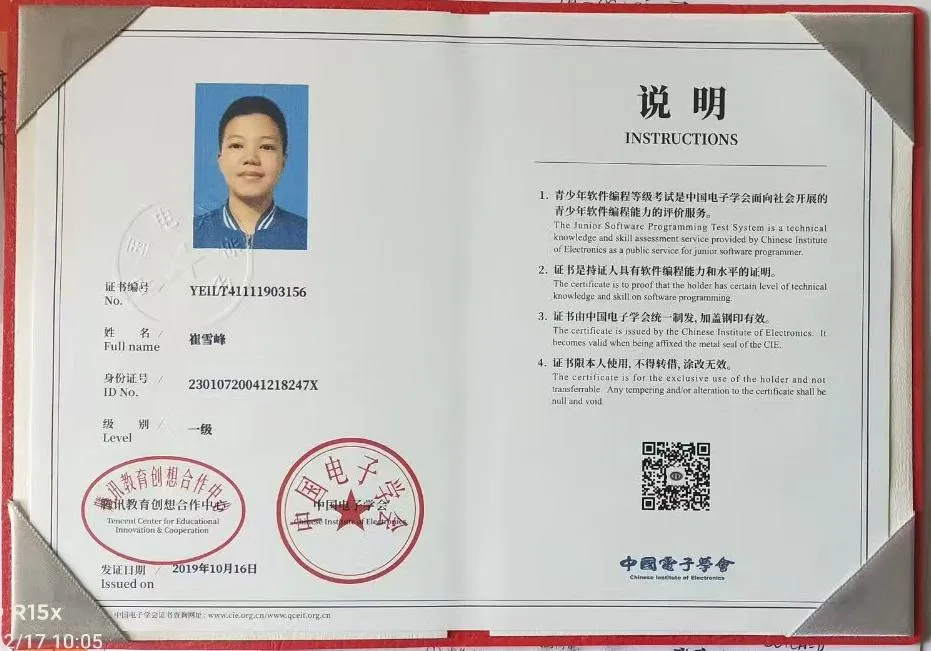 青少年软件编程等级考试一级 证书