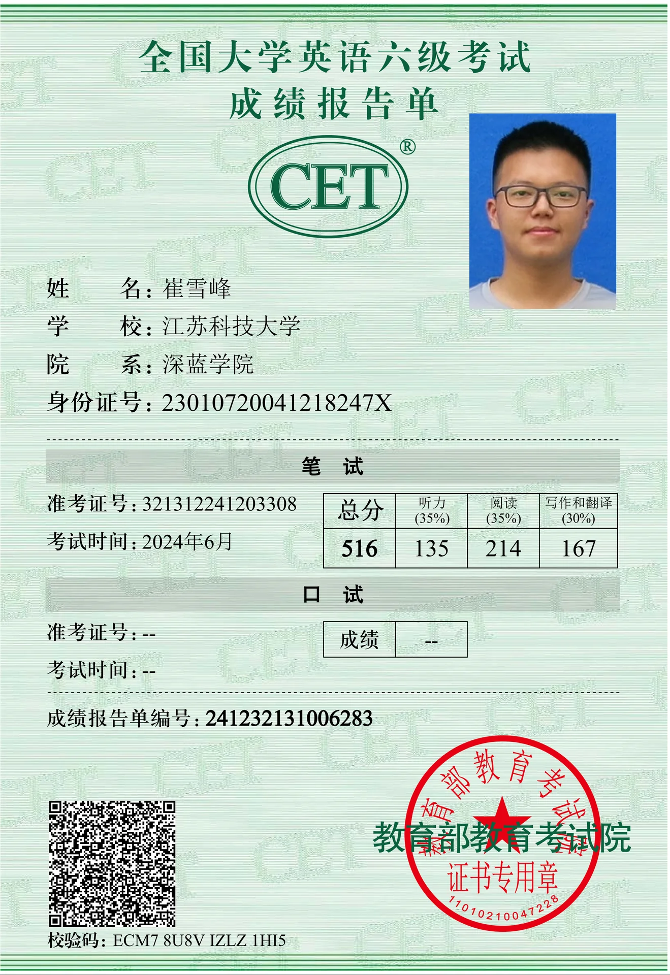 全国大学生英语CET-6 证书